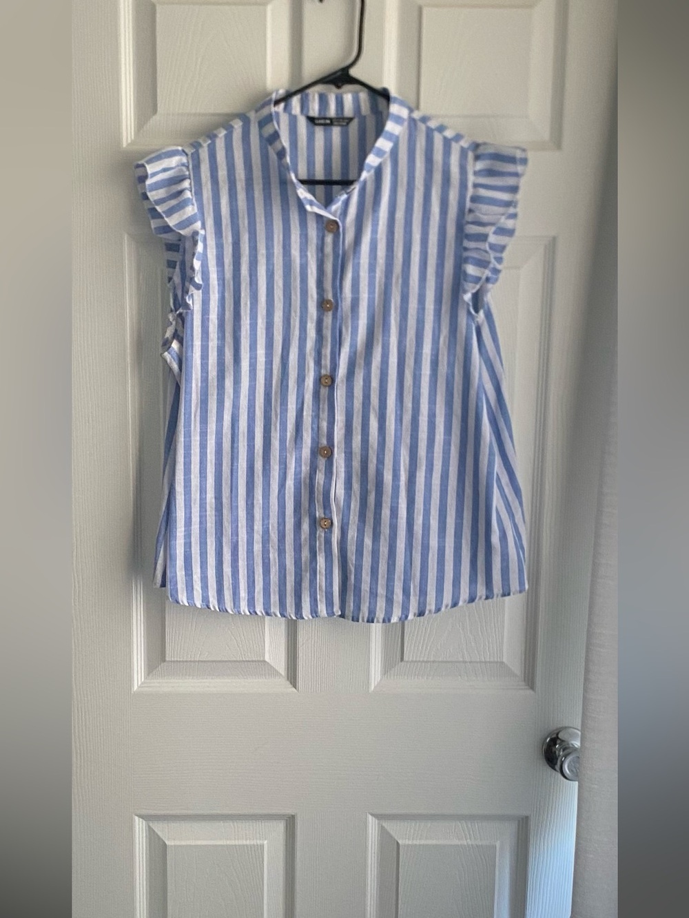 SHEIN Blue & White Striped Ruffle Sleeve Button-Front Top